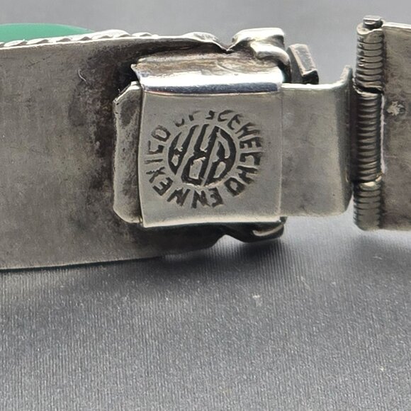 VTG RRA Mexican Sterling Silver Green Onyx Panel Link Bracelet 7" Rope Detail 40 - Picture 3 of 16